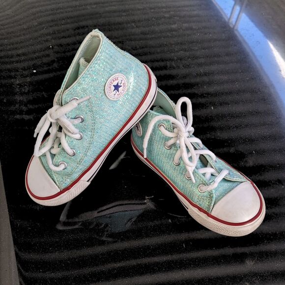 Girls Sz 10 Sequin Sparkle Seafoam Green Converse Chuck Taylor All Star Hi Tops - Picture 3 of 6
